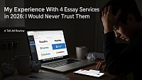 Frustrated student reviewing four essay writing services in 2026, showing disappointment and distrust